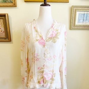 Vintage Liz Claiborne Silk Floral Pleated Blouse Ruffle Roses